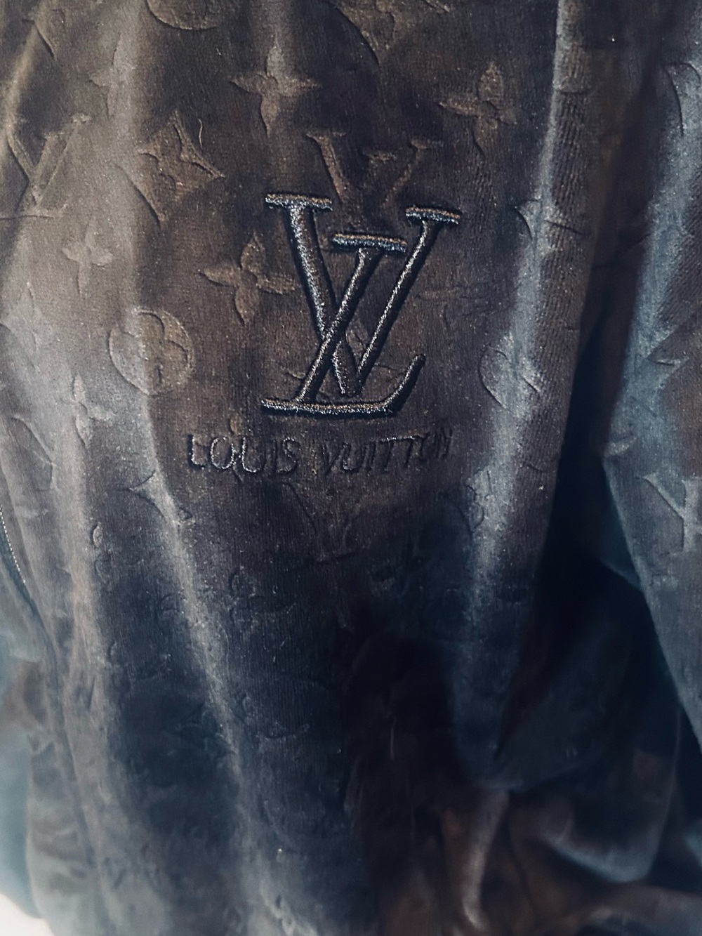 Black Velvet Monogram Zip-Up Bomber Jacket (fake)